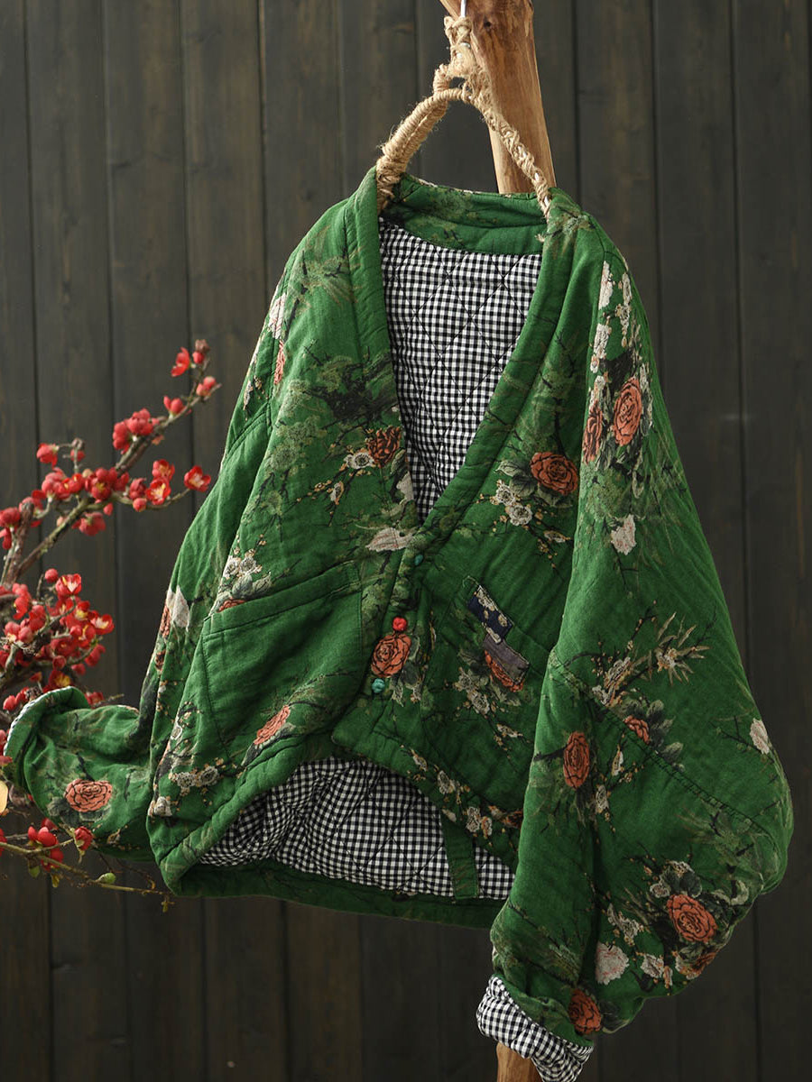 Women Autumn Ethnic Flower Short Cotton Padded Coat