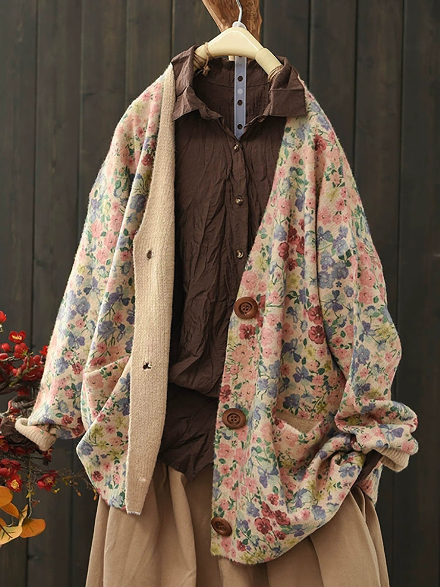 Women Casual Autumn V-Neck Floral Cardigan Sweater