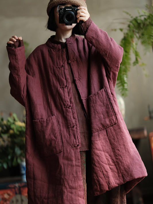 Women Autumn Vintage Stand Collar Solid 100%Linen Padded Coat