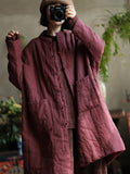 Women Autumn Vintage Stand Collar Solid 100%Linen Padded Coat