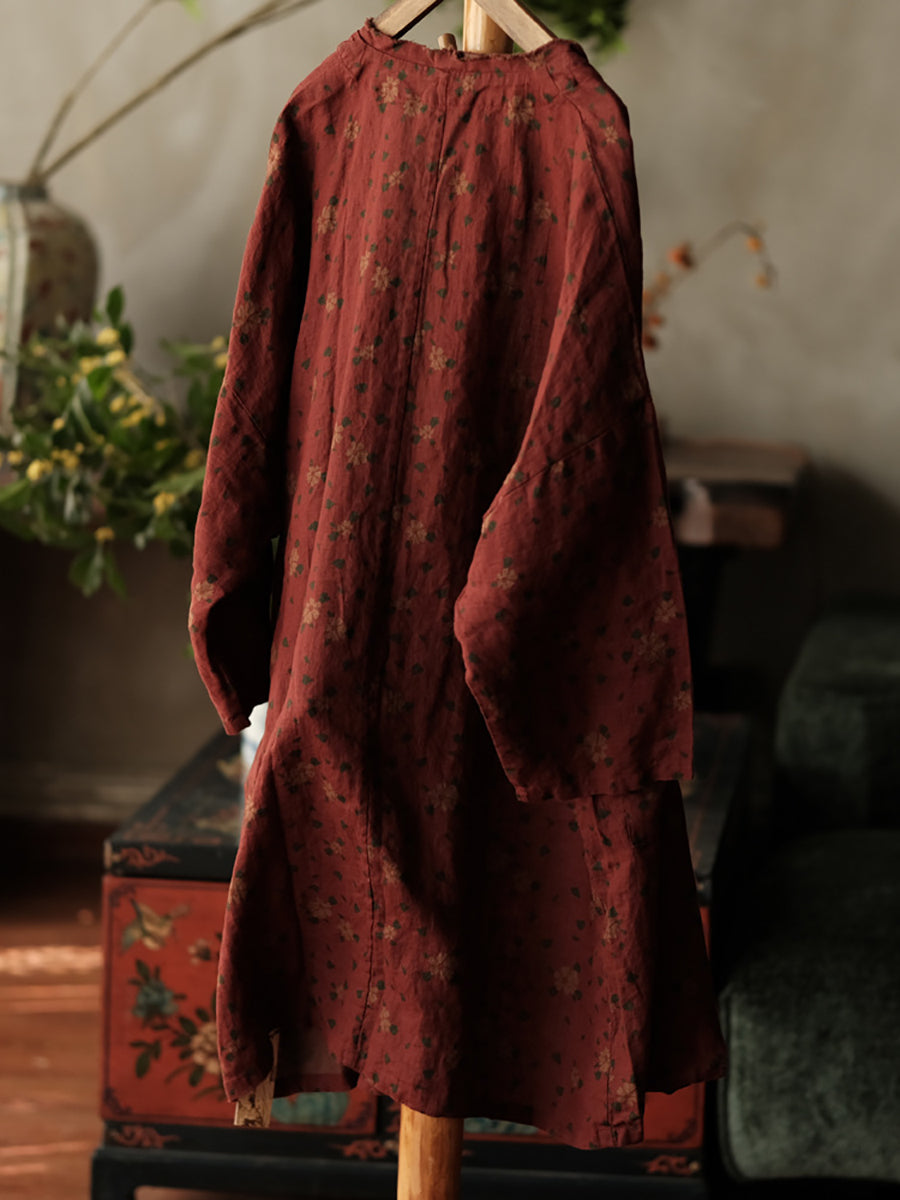 Women Autumn Vintage Floral Raw-edge 100%Linen Shirt Coat