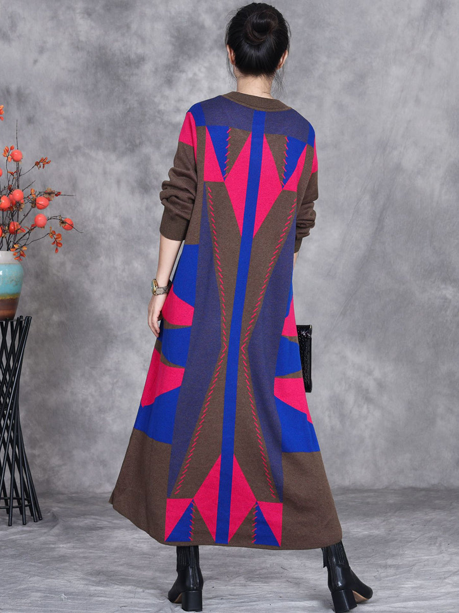 Women Autumn Artsy Colorblock Geometric Knit O-Neck Dress