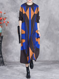 Women Autumn Artsy Colorblock Geometric Knit O-Neck Dress