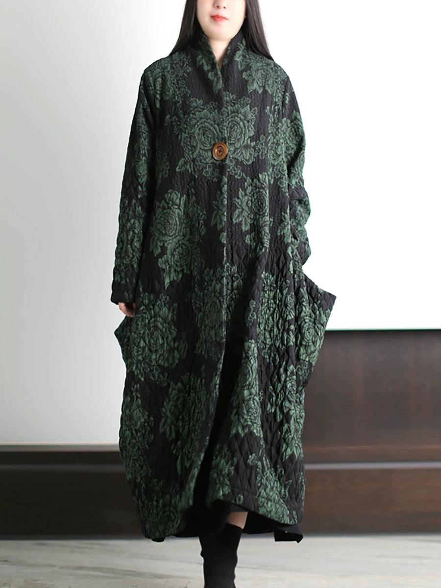 Women Autumn Ethnic Flower Stand Collar Long Coat