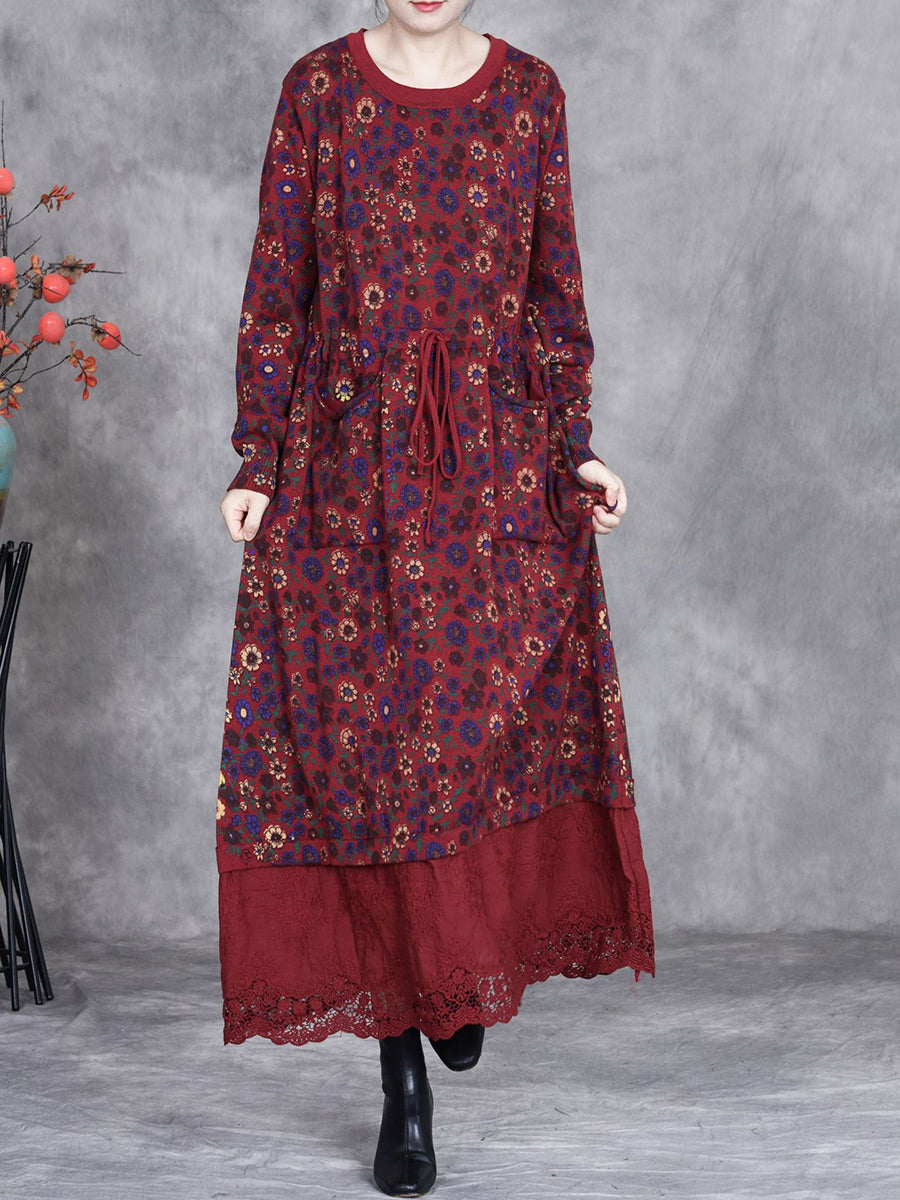 Women Autumn Artsy Floral Strap Knit O-Neck Dress