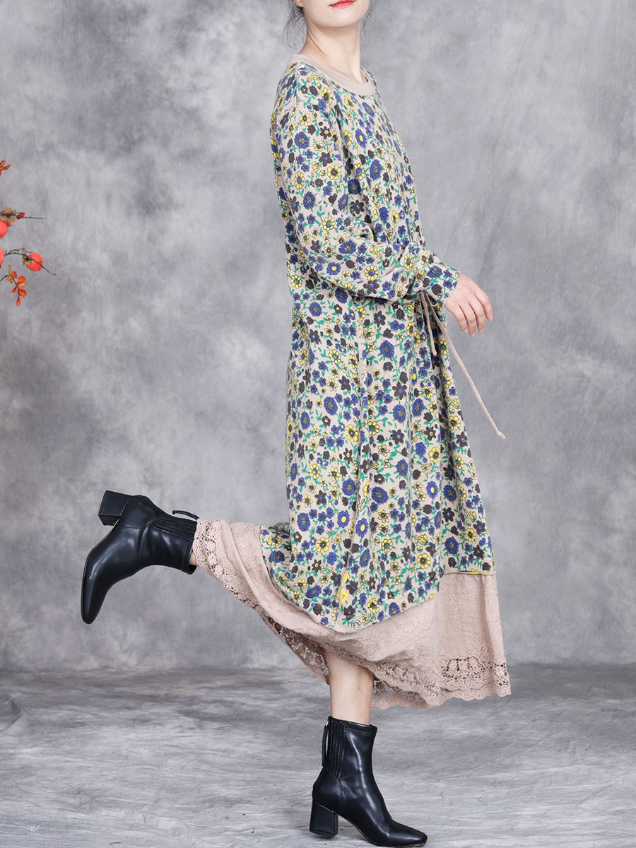 Women Autumn Artsy Floral Strap Knit O-Neck Dress