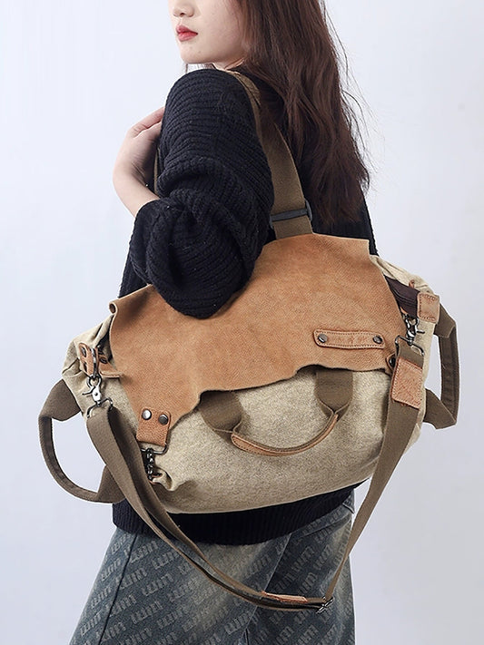 Vintage Colorblock Leather Canvas Spliced Shoulder Bag