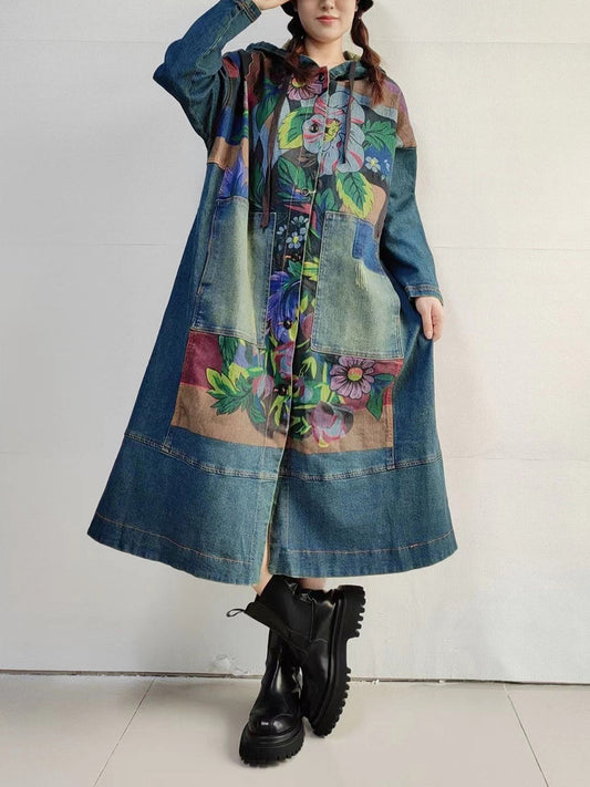 Women Autumn Vintage Flower Hooded Denim Long Coat