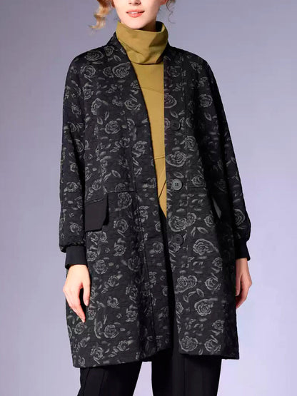 Women Autumn Vintage Flower Spliced V-Neck Coat