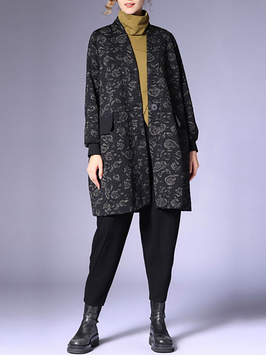 Women Autumn Vintage Flower Spliced V-Neck Coat