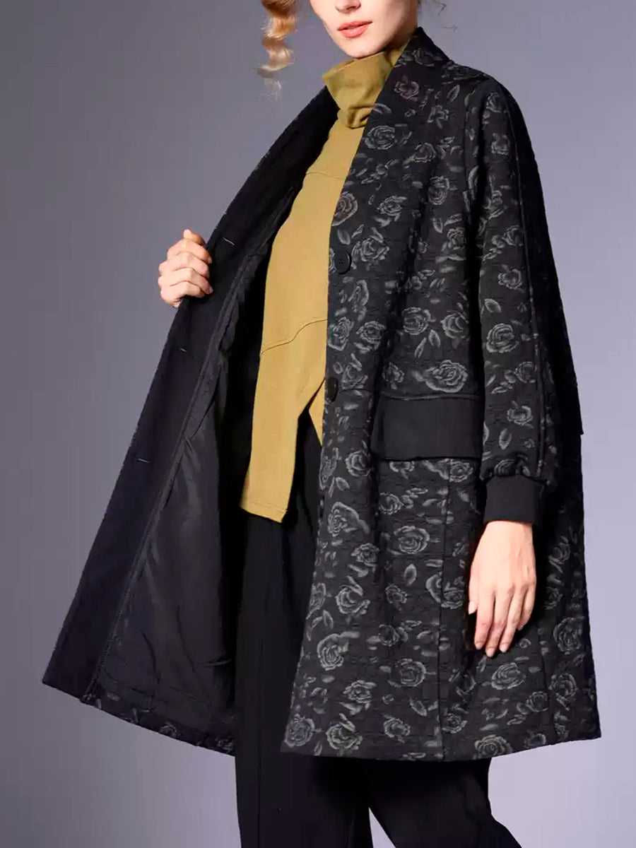 Women Autumn Vintage Flower Spliced V-Neck Coat