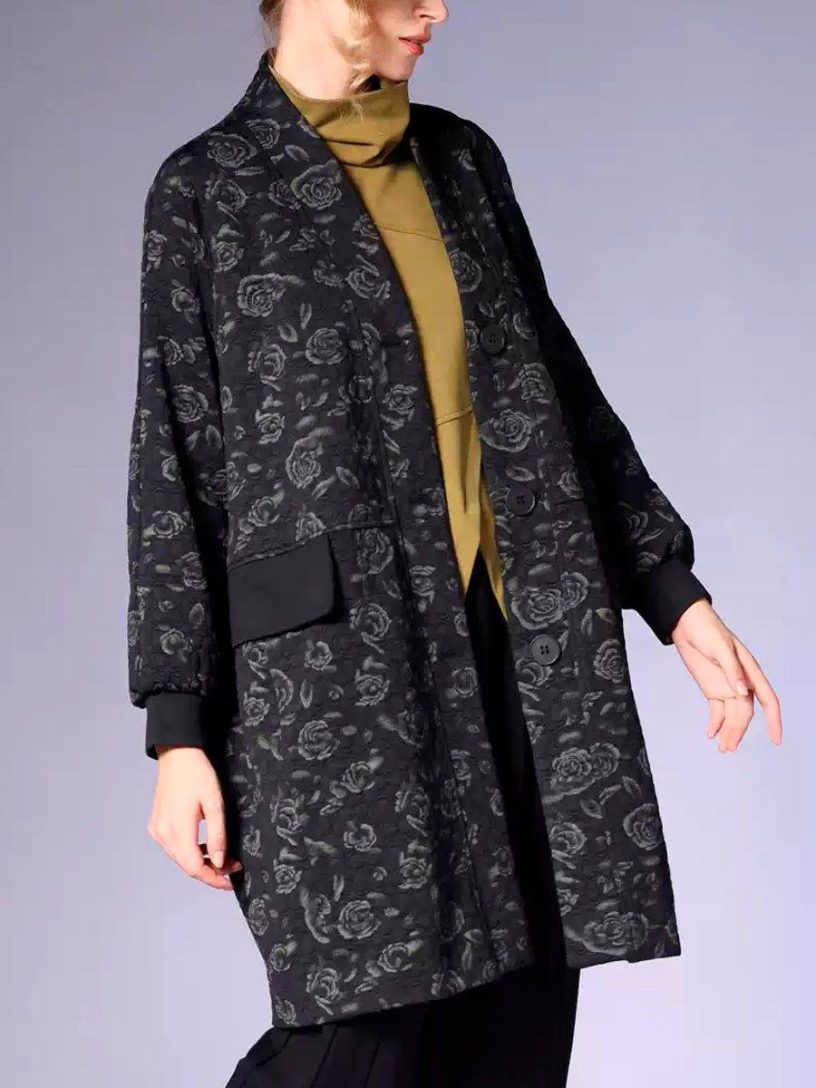 Women Autumn Vintage Flower Spliced V-Neck Coat