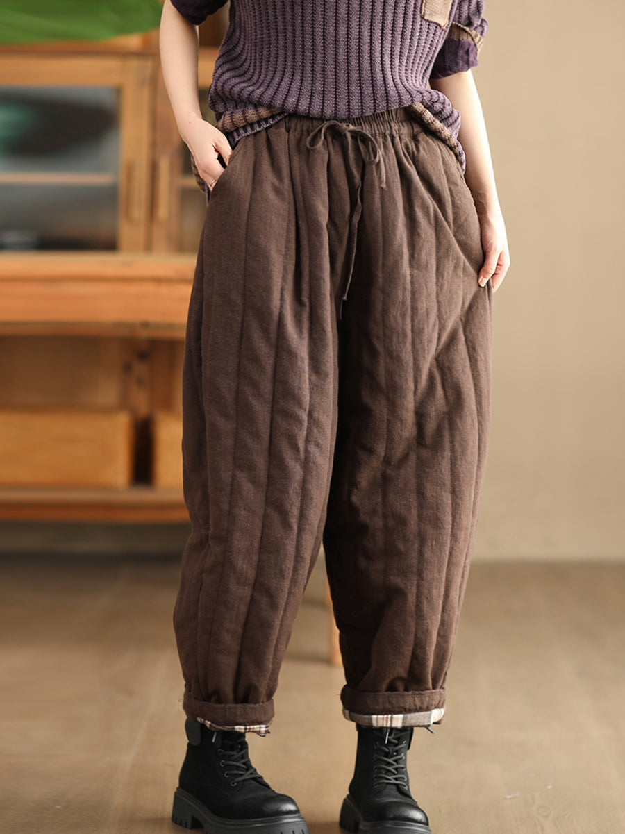 Women Winter Casual Solid Spliced Linen Padded Harem Pants