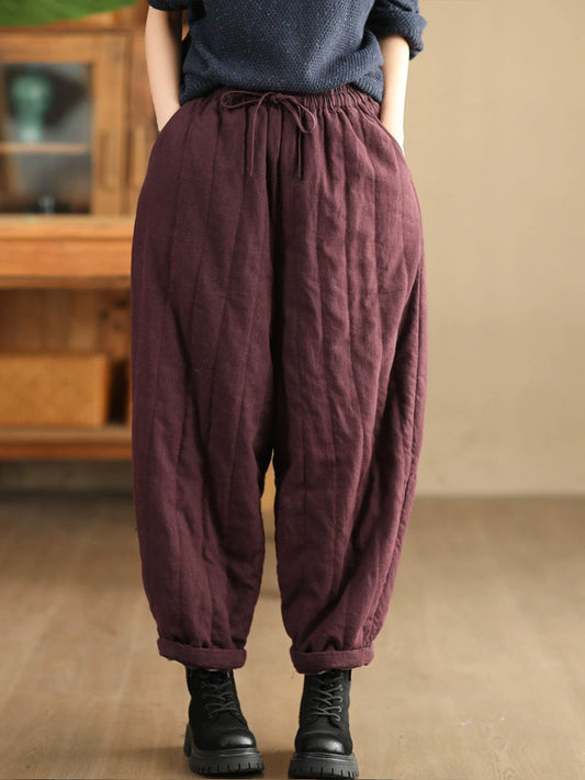 Women Winter Casual Solid Spliced Linen Padded Harem Pants