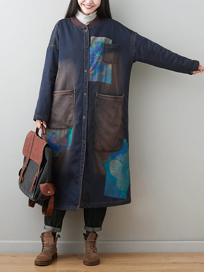 Women Autumn Vintage Patchwork Denim Padded Coat