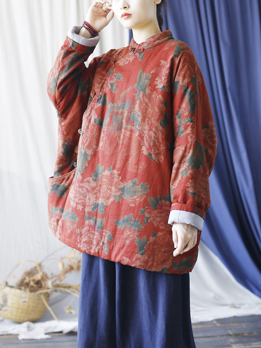 Women Autumn Ethnic Stand Collar Flower Cotton Coat