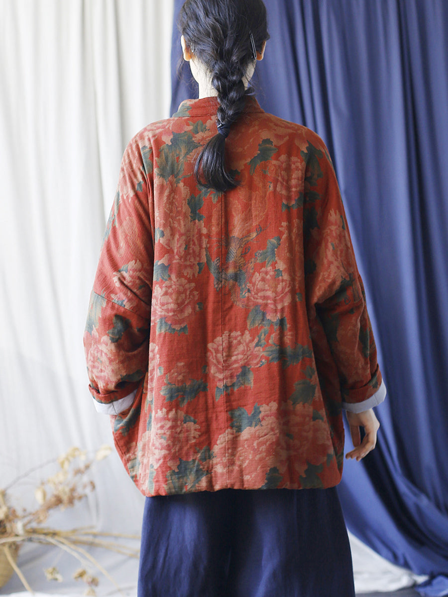 Women Autumn Ethnic Stand Collar Flower Cotton Coat