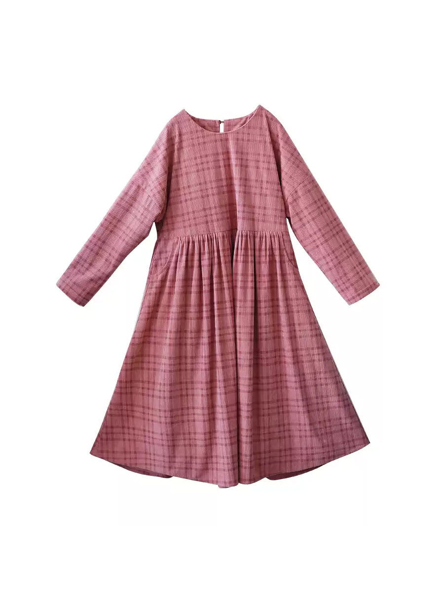 Women Winter Casual Plaid Fleece-lined O-Neck Dress