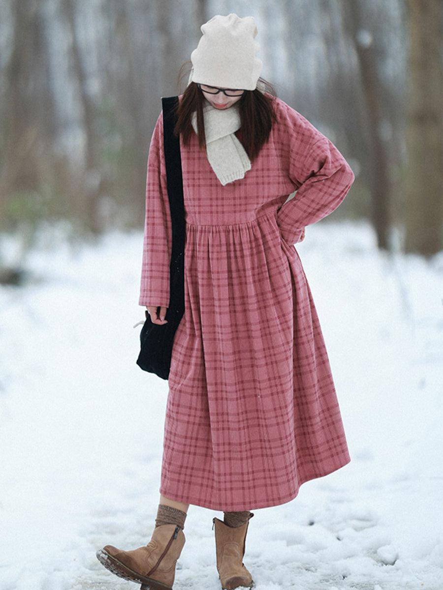 Women Winter Casual Plaid Fleece-lined O-Neck Dress