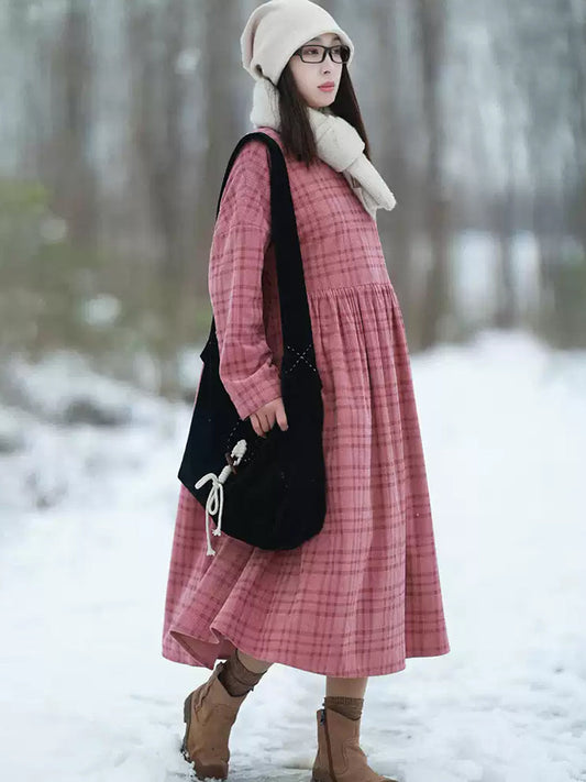 Women Winter Casual Plaid Fleece-lined O-Neck Dress