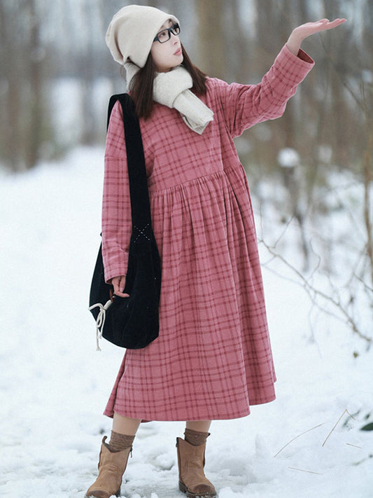 Women Winter Casual Plaid Fleece-lined O-Neck Dress