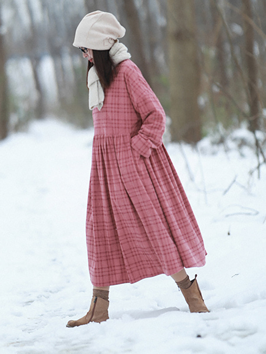 Women Winter Casual Plaid Fleece-lined O-Neck Dress