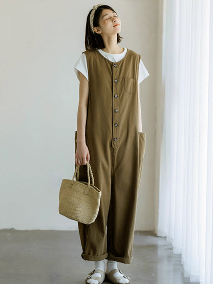 Women Casual Solid Buttoned Cotton Loose Jumpsuits