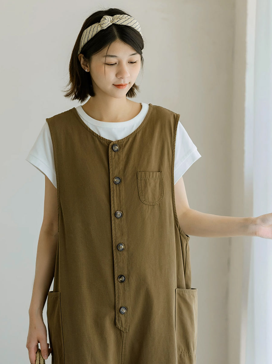 Women Casual Solid Buttoned Cotton Loose Jumpsuits