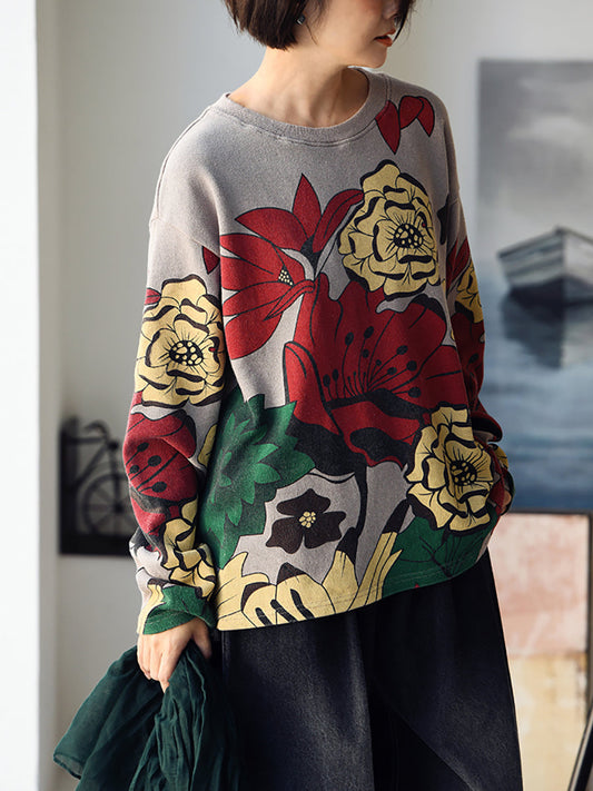 Women Autumn Casual Flower O-Neck Pullover Cotton Sweatshirt