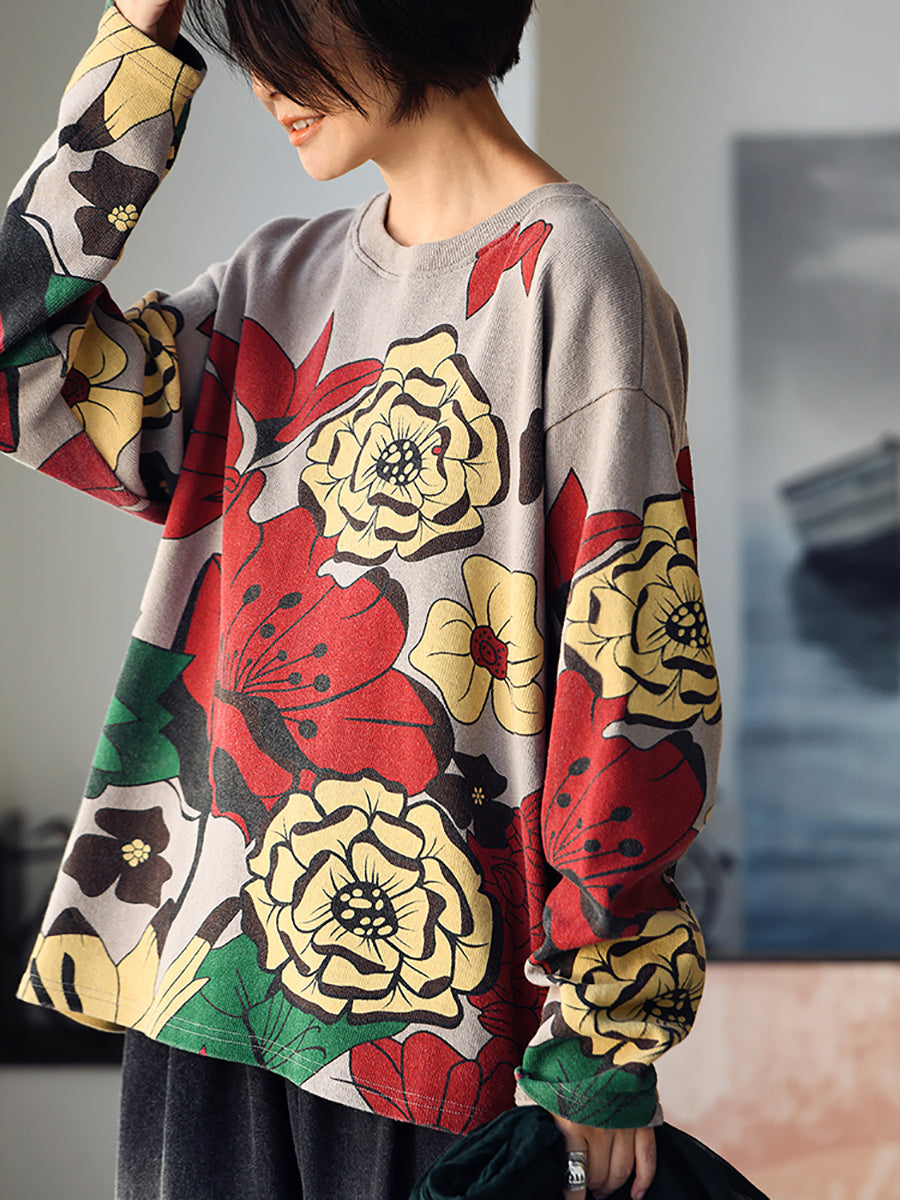 Women Autumn Casual Flower O-Neck Pullover Cotton Sweatshirt