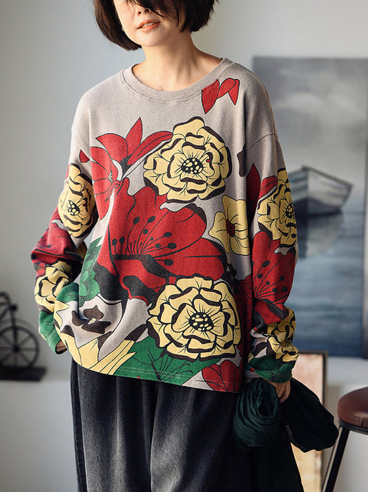 Women Autumn Casual Flower O-Neck Pullover Cotton Sweatshirt