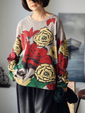 Women Autumn Casual Flower O-Neck Pullover Cotton Sweatshirt