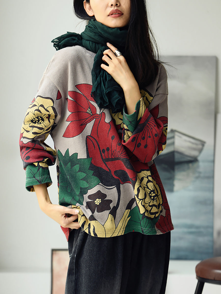 Women Autumn Casual Flower O-Neck Pullover Cotton Sweatshirt