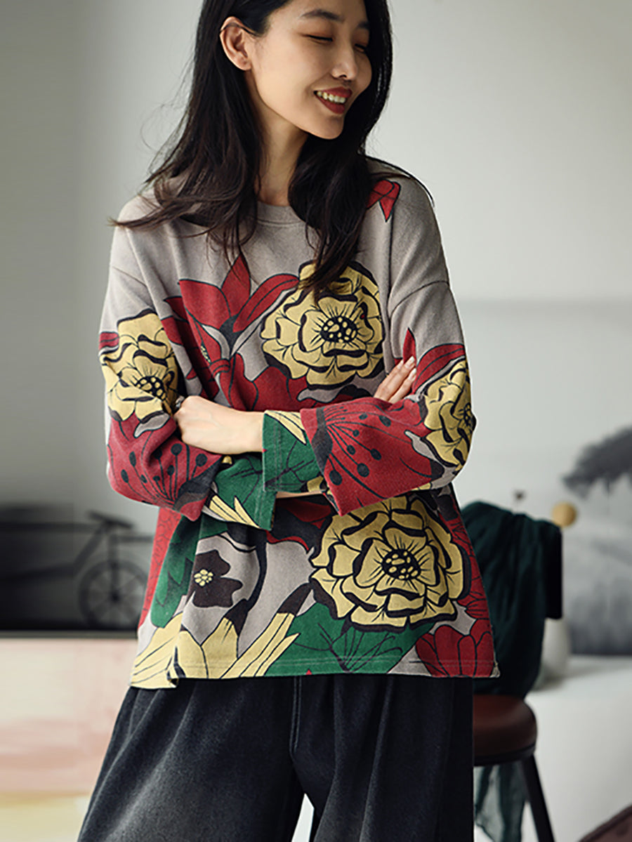 Women Autumn Casual Flower O-Neck Pullover Cotton Sweatshirt