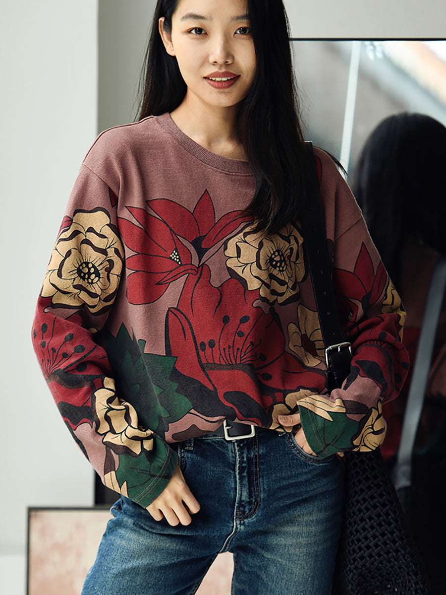 Women Autumn Casual Flower O-Neck Pullover Cotton Sweatshirt