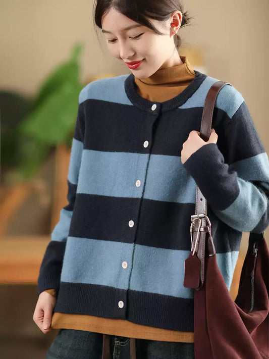 Women Vintage Autumn Stripe O-Neck Knit Sweater