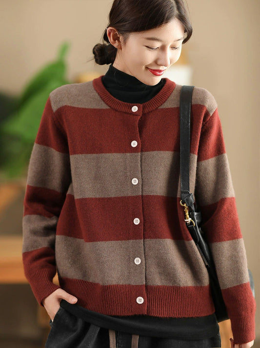 Women Vintage Autumn Stripe O-Neck Knit Sweater