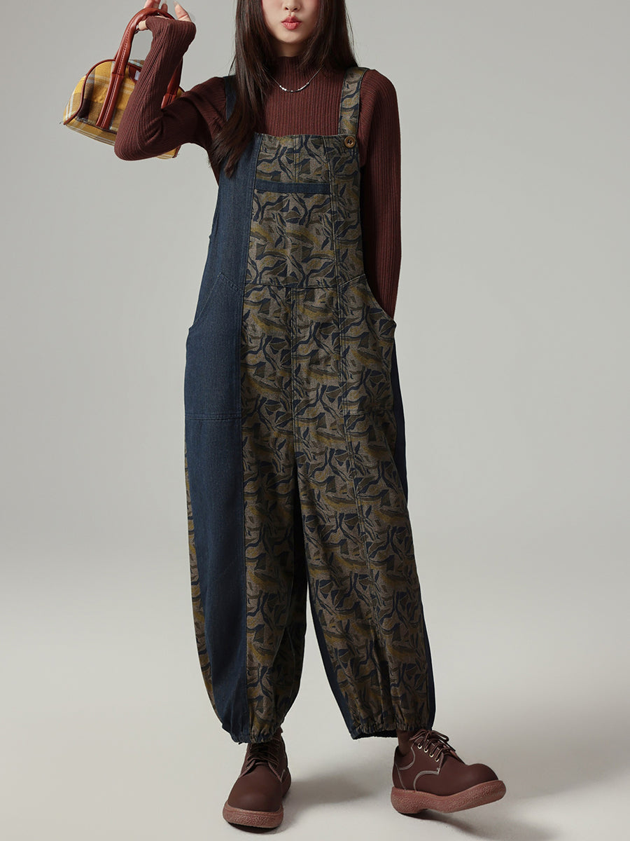 Women Vintage Flower Spliced Denim Loose Jumpsuits