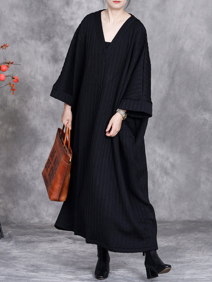 Women Winter Casual Stripe V-Neck Loose Padded Dress