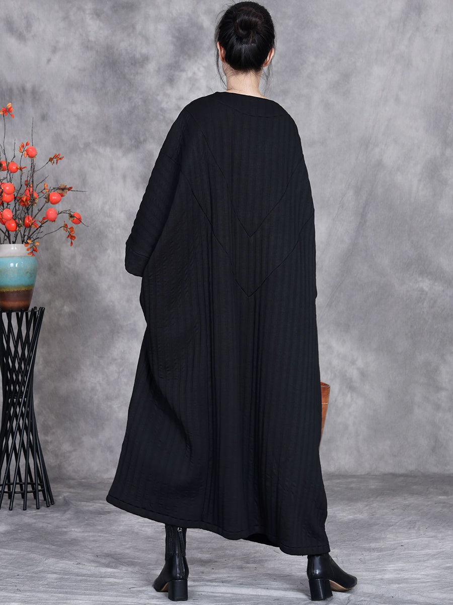 Women Winter Casual Stripe V-Neck Loose Padded Dress