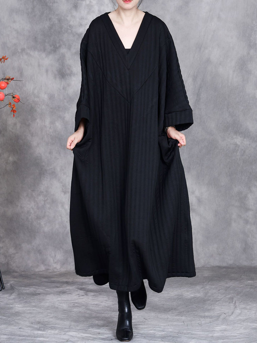 Women Winter Casual Stripe V-Neck Loose Padded Dress