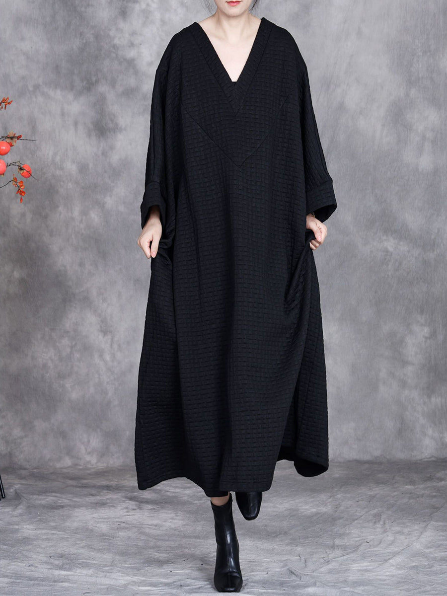 Women Winter Casual Stripe V-Neck Loose Padded Dress