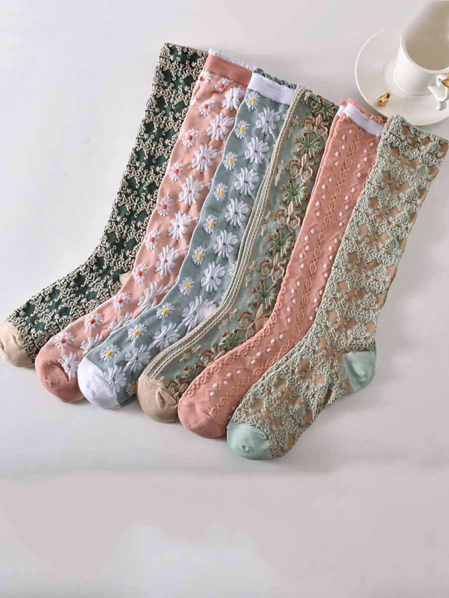 6 Pairs Women Artsy Floral Jacquard Cotton Long Socks