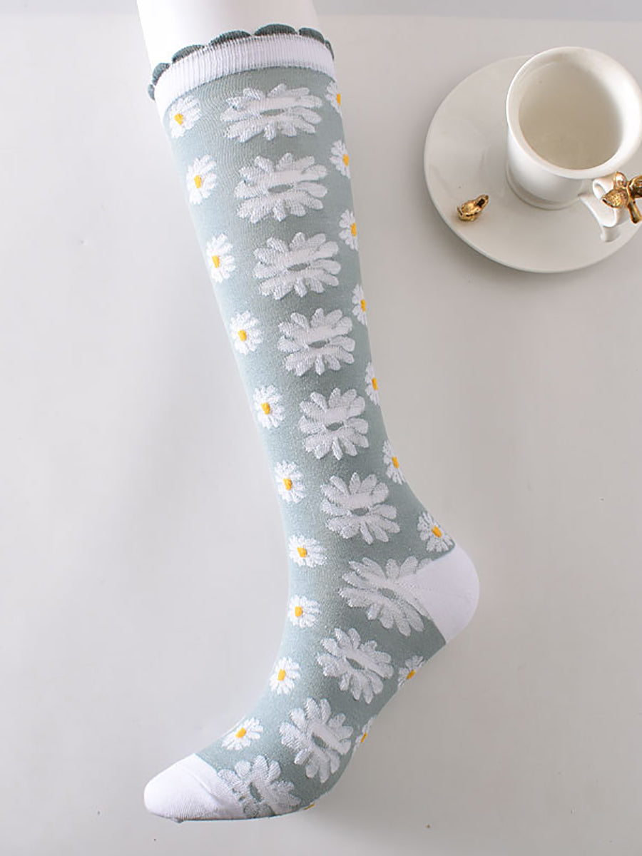 6 Pairs Women Artsy Floral Jacquard Cotton Long Socks