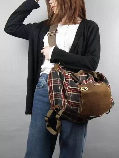 Women Vintage Plaid Leather Crossbody Bag