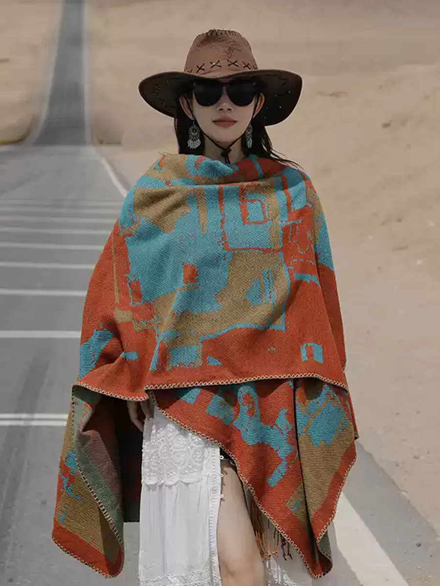 Women Ethnic Colorblock Warm Shawl Scarf