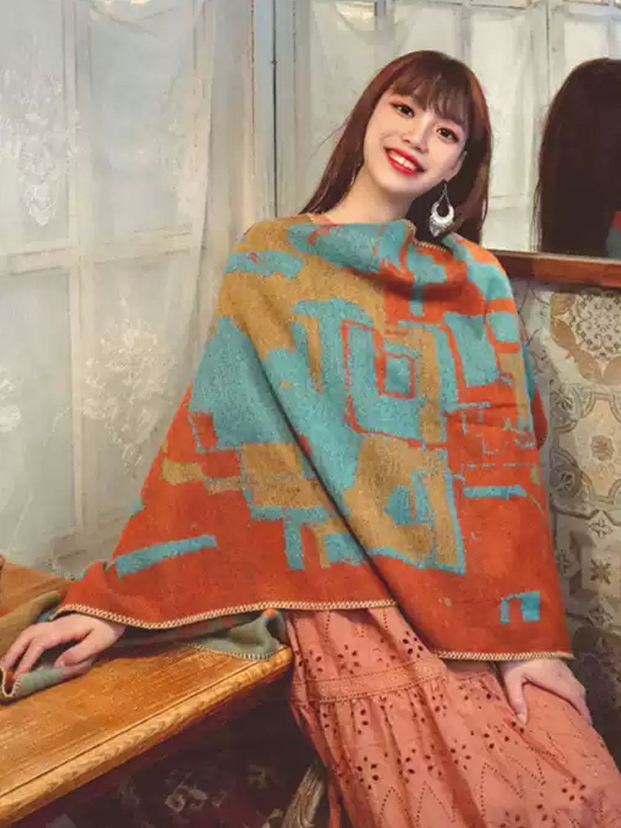 Women Ethnic Colorblock Warm Shawl Scarf