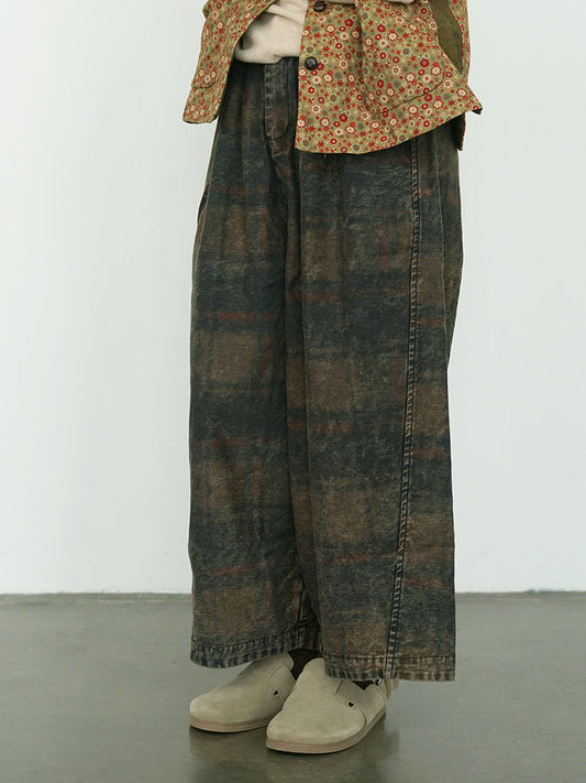 Women Winter Retro Flower Denim Spliced Wide-leg Pants