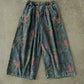 Women Winter Retro Flower Denim Spliced Wide-leg Pants