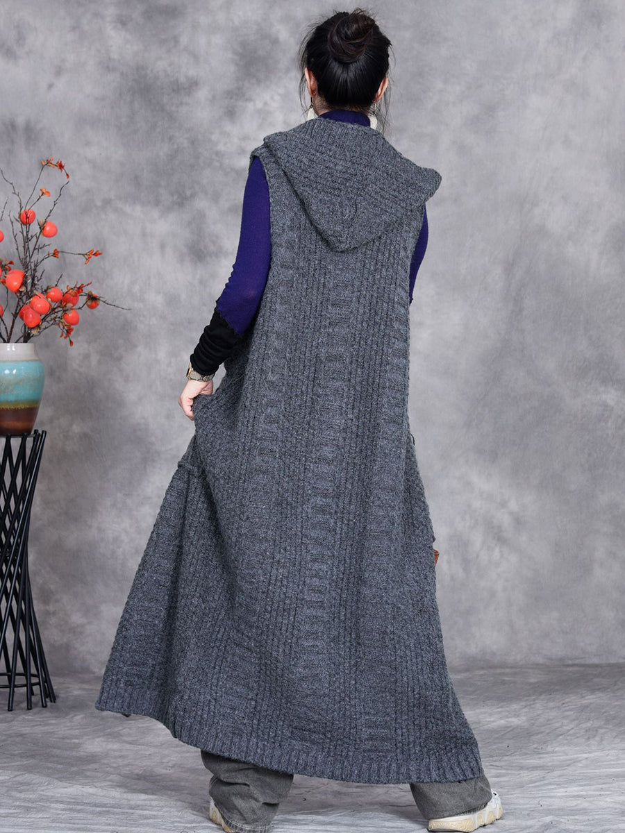 Women Autumn Artsy Solid Knit Cardigan Hooded Vest Coat